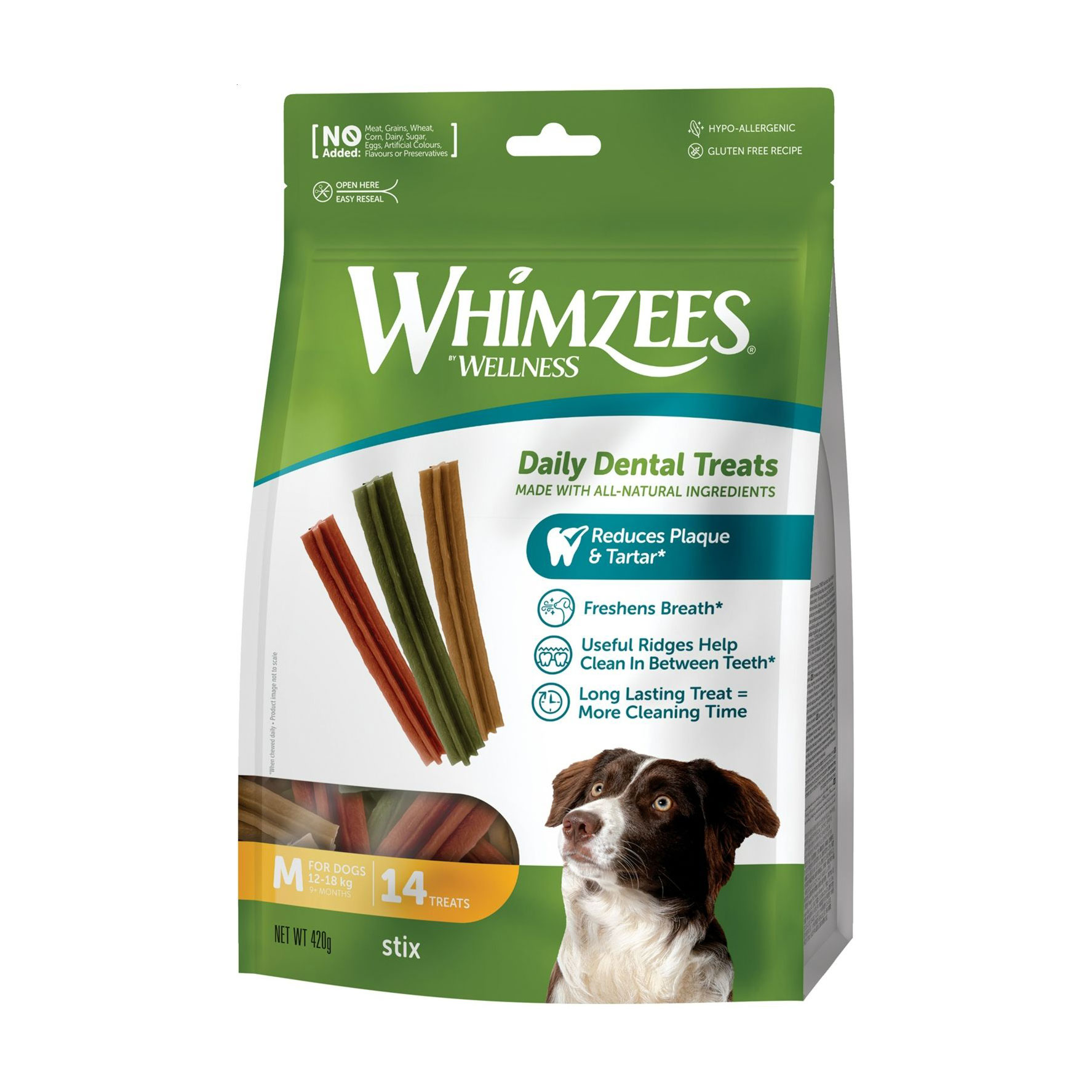 Ласощі для собак Whimzees Stix Daily Dental Treats розміром M (12-18 кг), від 9 місяців, у формі паличок, 14 шт